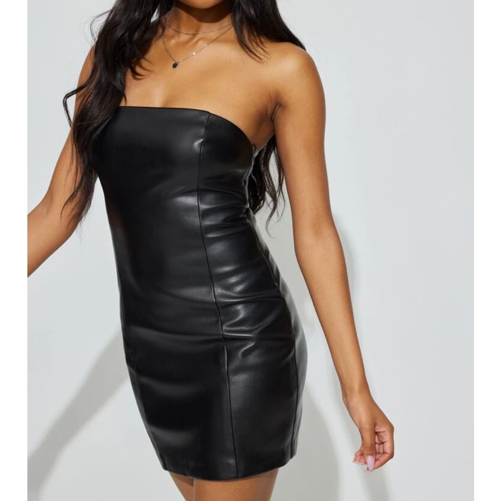 Faux Leather Elegant Black Strapless Tube Dress Size Large
